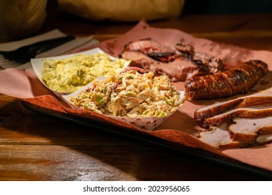 Texas Bbq Platter On Wooden Table Close Up