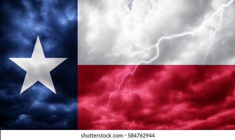 Texas Flag Against Dark Sky, Clouds And Lightning