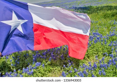 Texas Flag Flying Over A Field Of Bluebonnets