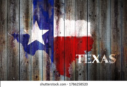 Texas Flag And Map On Old Wood Plank Background