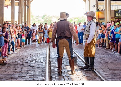 Texas, JUN 18 2022 - Afternoon view of the cowboy show in Fort Worth Stockyards Station
