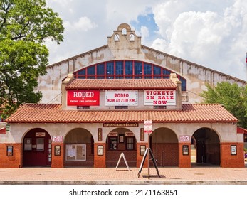 Texas, JUN 18 2022 - Sunny view of the Stockyards Championship Rodeo building