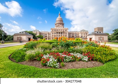 The Texas State Capitol With Flower Garden. It Was Completed In 1888 In Downtown Austin. It Contains The Offices And Chambers Of The Texas Legislature And The Office Of The Governor. 