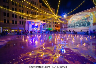 Texas Street At Night Downtown, Sundance Square At Night  In Downtown Fort Worth, Nov 23, 2018.