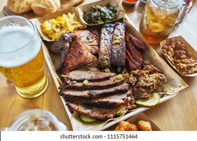 Texas Style Bbq Tray With Smoked Brisket, St Louis Ribs, Pulled Pork, Chicken, Hot Links, And Sides