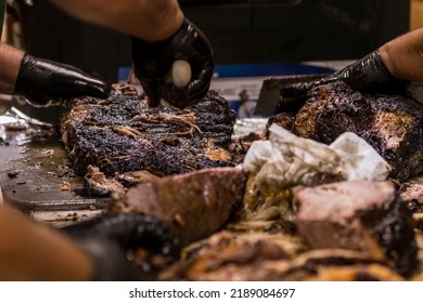 Texas Style Beef Brisket Being Prepared For Patrons At A South Texas BBQ Restaurant In Corpus Christi, Texas. 