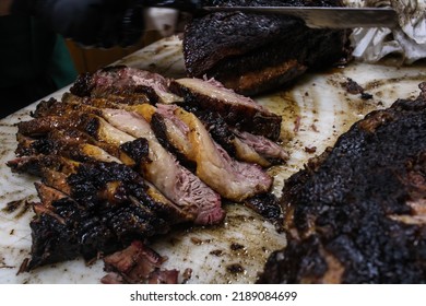 Texas Style Beef Brisket Being Prepared For Patrons At A South Texas BBQ Restaurant In Corpus Christi, Texas. 