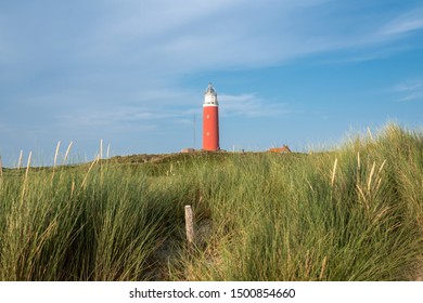 Texel, Netherlands, July 24, 2019: Texel Lighthouse in the dunes  in summer 2019 with high grass in the foreground with copy space