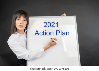 The Text 2021 Action Plan With Business Woman White Board