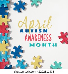 Text April, World Autism Awareness Month. Square frame with puzzle pieces. Design for flyer, poster for Autism Health Care Awareness campaign for print or social media. - Powered by Shutterstock