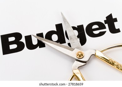 Text Of Budget And Scissors, Concept Of Budget Cut