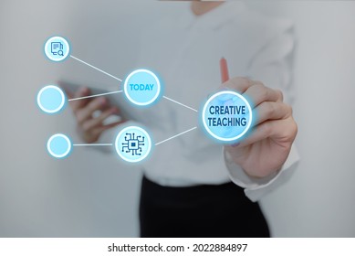 Text caption presenting Creative Teaching. Word Written on the act of coaching in novel way that promotes growth Lady In Uniform Standing Holding Tablet Typing Futuristic Technologies. - Shutterstock ID 2022884897