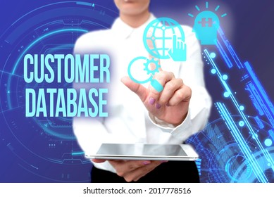 Text caption presenting Customer Database. Business idea uptodate on customer information records and data Lady In Uniform Standing Hold Phone Virtual Press Button Futuristic Tech.