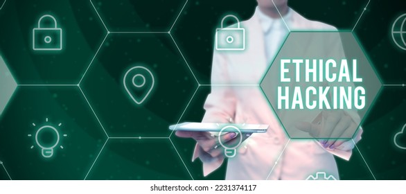 Text caption presenting Ethical Hacking. Word Written on act of locating weaknesses and vulnerabilities of computer