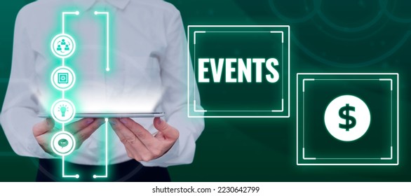 Text caption presenting Events. Word Written on something occurs in certain place during particular interval of time