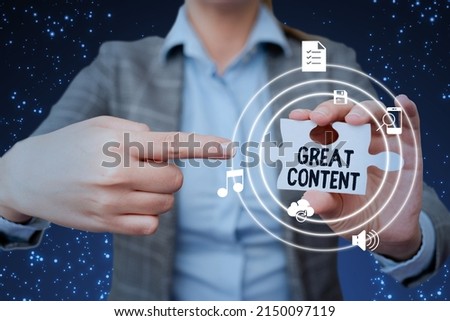 Text caption presenting Great Content. Business concept Satisfaction Motivational Readable Applicable Originality Lady in suit pointing puzzle piece representing innovative thinking.