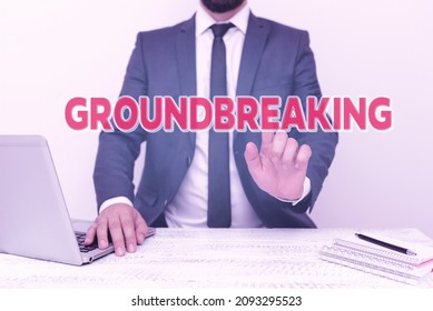 Text Caption Presenting Groundbreaking. Business Idea Very New And A Big Change From Other Things Of Its Type Remote Office Work Online Presenting Communication Technology