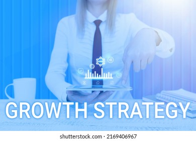 Text caption presenting Growth Strategy. Business approach Strategy aimed at winning larger market share in shortterm Man holding Screen Of Mobile Phone Showing The Futuristic Technology. - Shutterstock ID 2169406967
