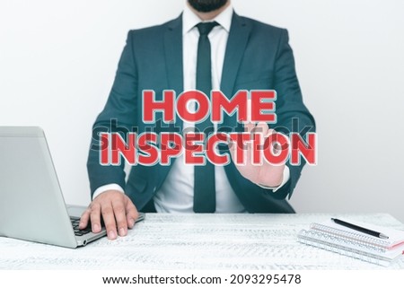 Text caption presenting Home Inspection. Concept meaning Examination of the condition of a home related property Remote Office Work Online Presenting Communication Technology