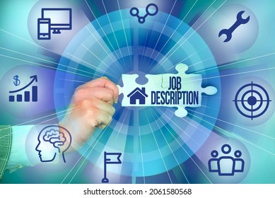 Text caption presenting Job Description. Business idea A document that describes the responsibilities of a position Hand Holding Jigsaw Puzzle Piece Unlocking New Futuristic Technologies. - Shutterstock ID 2061580568