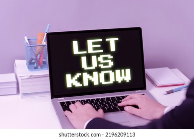 Text caption presenting Let Us Know. Business overview Inform about a situation keep in contact ask for advice Businesswoman Typing Recent Updates On Lap Top Keyboard On Desk. - Shutterstock ID 2196209113