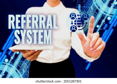 Text Caption Presenting Referral System. Word Written On Sending Own Patient To Another Physician For Treatment Lady In Uniform Holding Phone Virtual Press Button Futuristic Technology.