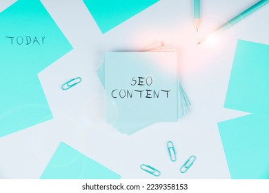 Text caption presenting Seo Content. Concept meaning creating content that helps web pages to rank high in search