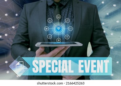 Text Caption Presenting Special Event. Business Concept Function To Generate Money For Non Profit A Crowded Occassion Man Holding Screen Of Mobile Phone Showing The Futuristic Technology.