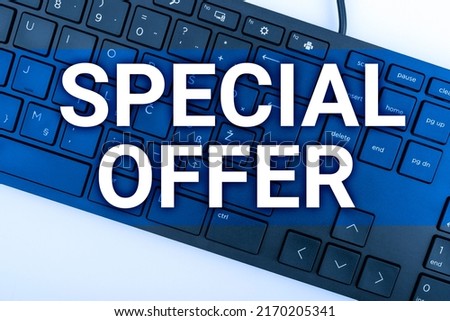 Text caption presenting Special Offer. Conceptual photo Selling at a lower or discounted price Bargain with Freebies Computer Keyboard And Symbol.Information Medium For Communication.