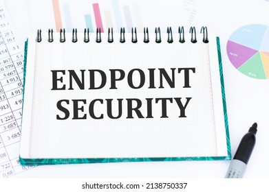 Text ENDPOINT SECURITY on Notepad against the background of reports and charts