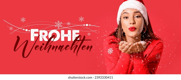 Text FROHE WEIHNACHTEN (German for Merry Christmas) and woman blowing snow on red background - Powered by Shutterstock