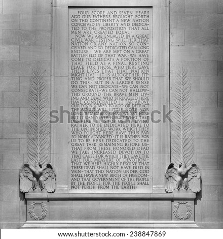 Text of Gettysburg Address scribed on the wall at the Lincoln Memorial in Washington, DC.  President Abraham Lincoln delivered the speech on November 19, 1863. (Black and White)