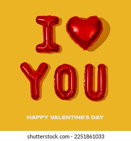 text happy valentines day and some letter-shaped balloons forming the sentence I love you on a yellow background, on a square format - Shutterstock ID 2251861033