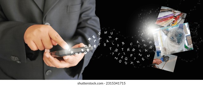 Text to image concept, text-to-image by generative AI chat bot. Language model technology artificial intelligence. Hand uses smartphone to turn alphabets into images.