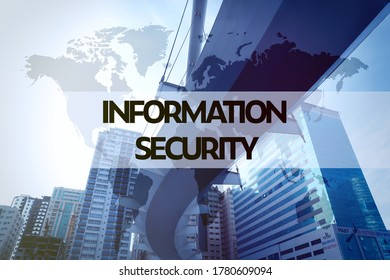 Text INFORMATION SECURITY, world map and cityscape on background