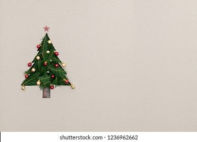 Text Or Logo Empty Copy Space In Vertical Top View Cardboard With Natural Eco Decorated Christmas Tree Pine.Xmas Winter Holiday Season Party Social Media Card Background 