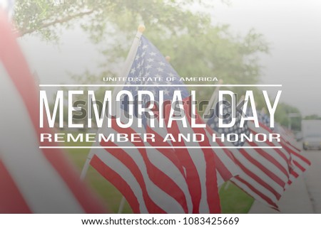 Text Memorial Day remember and honor on long row of lawn American Flags background. Green grass yard USA flags blow in the wind. Concept of Memorial day or Veteran's day in America.