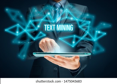 Text mining - process of deriving high-quality information from text. Text analysis concept with digital tablet.