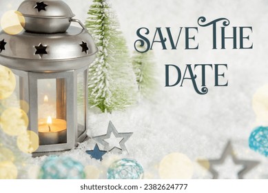 Text Save The Date, Christmas Lantern In The Snow, With Winter Decoration, Trees And Stars - Powered by Shutterstock