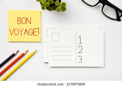 Text showing inspiration Bon Voyage. Word for used express good wishes to someone about set off on journey Flashy School Office Supplies, Teaching Learning Collections, Writing Tools, - Powered by Shutterstock