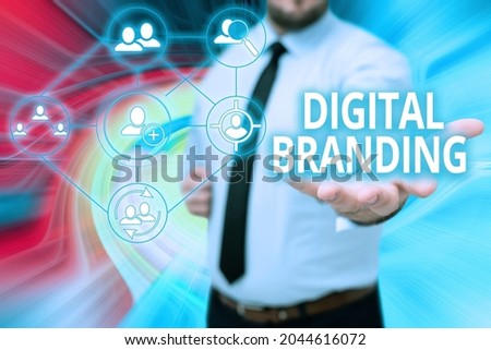 Text showing inspiration Digital Branding. Business overview combination of internet branding and digital marketing Gentelman Uniform Standing Holding New Futuristic Technologies.