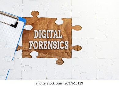 Text showing inspiration Digital Forensics. Business concept investigation of material found in digital devices Building An Unfinished White Jigsaw Pattern Puzzle With Missing Last Piece