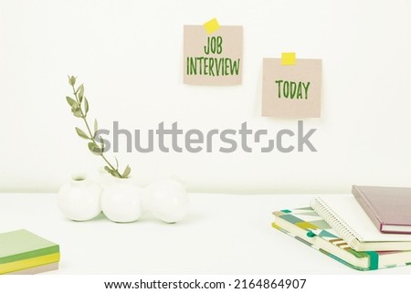 Text showing inspiration Job Interview. Concept meaning Assessment Questions Answers Hiring Employment Panel Tidy Workspace Setup, Writing Desk Tools Equipment, Smart Office