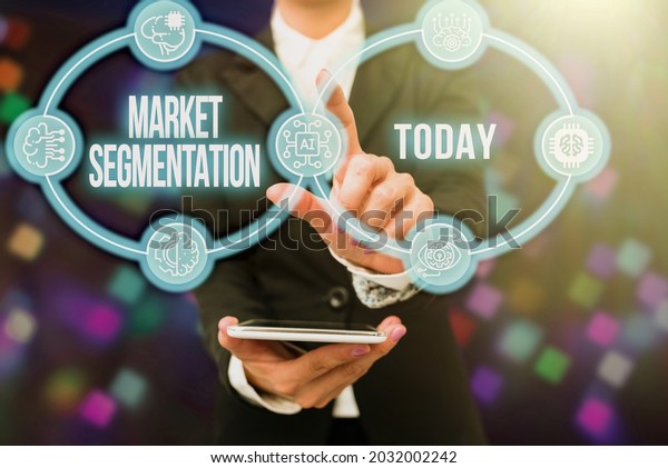 Text showing\
inspiration Market Segmentation. Word for dividing a market of\
potential customers into groups Lady In Uniform Holding Tablet In\
Hand Virtually Tapping Futuristic\
Tech.