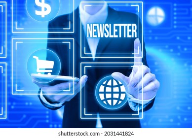 Text Showing Inspiration Newsletter. Business Idea The Bulletin Was Given To Members Of A Company Regularly Lady In Uniform Holding Phone Pressing Virtual Button Futuristic Technology.