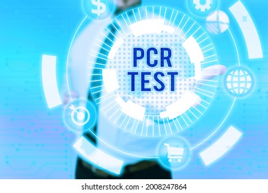 Text Showing Inspiration Pcr Test. Business Concept Qualitative Detection Of Viral Genome Within The Short Seqeunce Of DNA Gentelman Uniform Standing Holding New Futuristic Technologies.