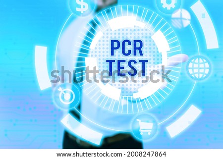 Text showing inspiration Pcr Test. Business concept qualitative detection of viral genome within the short seqeunce of DNA Gentelman Uniform Standing Holding New Futuristic Technologies.