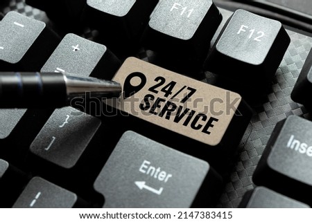 Text sign showing 24 Or7 Service. Conceptual photo providing an assistance that is available all the time Abstract Typing A Good Restaurant Review, Ordering Food Online Concept