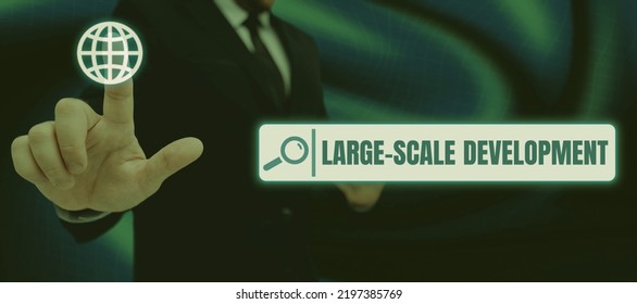 Text Sign Showing Large Scale Development. Business Idea Develop On An Extensive Basis Grow Up A Lot Woman Typing Recent Update On Lap Top And Holding Important Ideas Over Hand