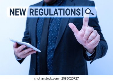 Text sign showing New Regulations. Word for Regulation controlling the activity usually used by rules. Presenting New Technology Ideas Discussing Technological Improvement - Shutterstock ID 2095020727